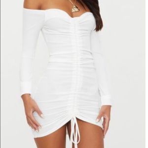 Ribbed long sleeve bardot ruched bodycon dress